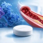 Editorial illustration of an unbranded oral tablet, PCSK9 protein and an artery with cholesterol plaque