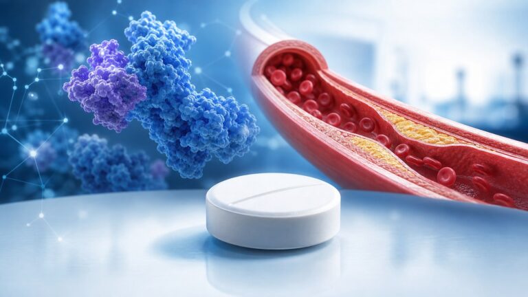 Editorial illustration of an unbranded oral tablet, PCSK9 protein and an artery with cholesterol plaque